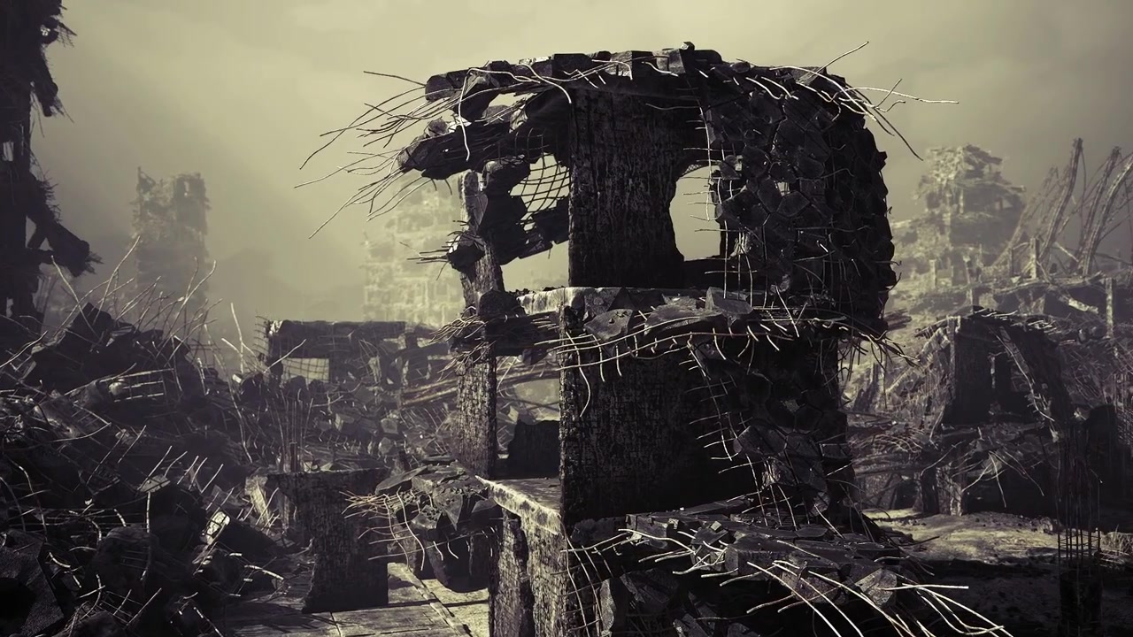 Torre radiante ergue-se em meio a estradas desmoronadas e ruínas abandonadas