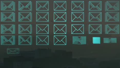 animación de iconos de sobres de correo electrónico y procesamiento de datos en el cityscape.