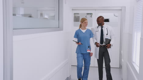 doctor in white coat and nurse in scrubs having discussion over digital tablet in hospital corridor