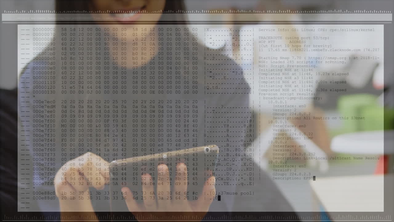 Person using tablet with digital code and data overlay animation