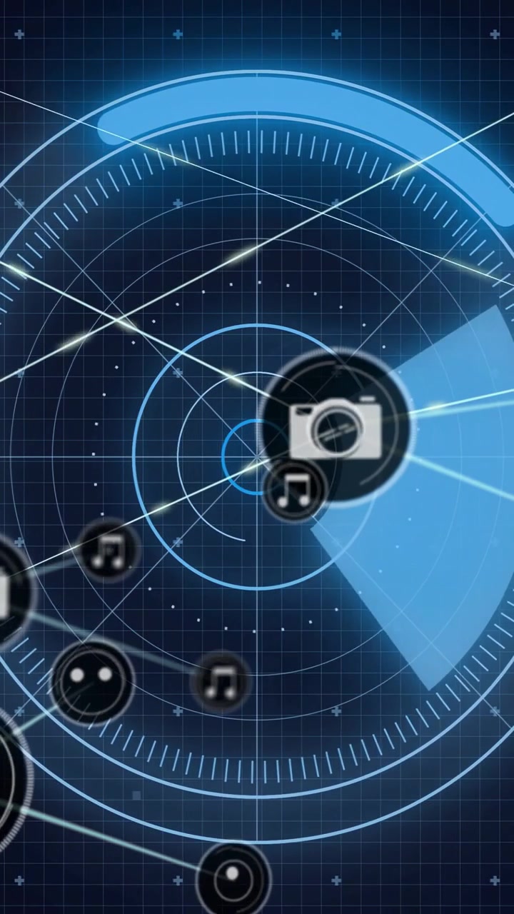 Video verticale: Cuneo rotante che invia icone musicali in orbita verso un hub centrale della telecamera per uso tecnologico.