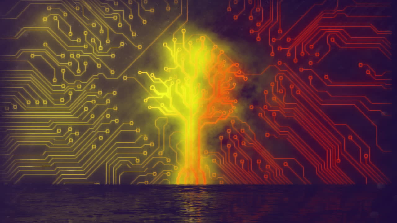 patrones de placas de circuitos y animación de árboles brillantes sobre el océano al atardecer