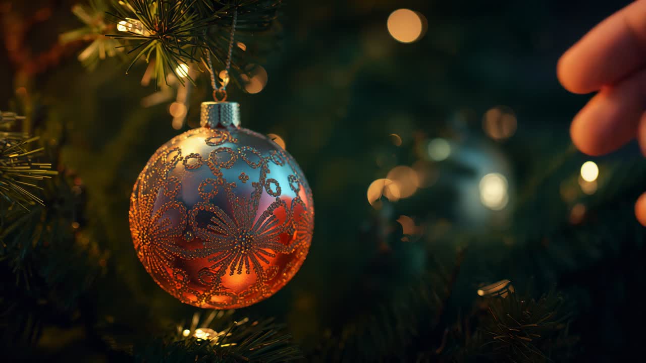 Dopo aver ripreso un ramo sempreverde in casa, la mano destra con una manica scura solleva un ornamento, catturando la luce