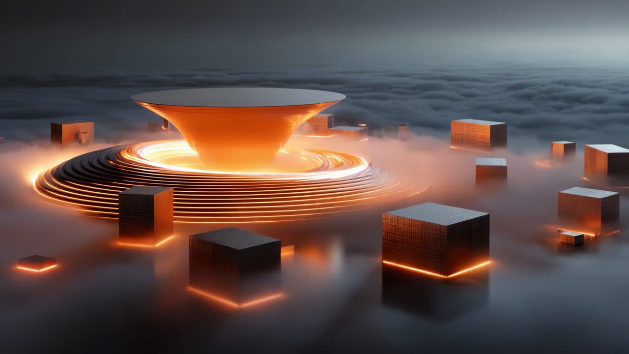 A captivating visualization of a surreal futuristic landscape featuring a glowing circular structure rising above a bed of clouds, surrounded by luminous geometric forms, creating an enchanting atmosphere of mystery and innovation