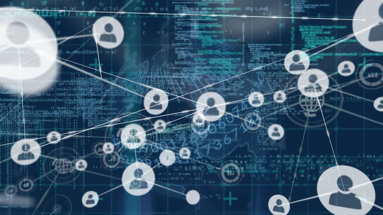 Animation of network of connections over globe and data processing