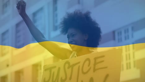 Animation-of-flag-of-ukraine-over-african-american-female-protester