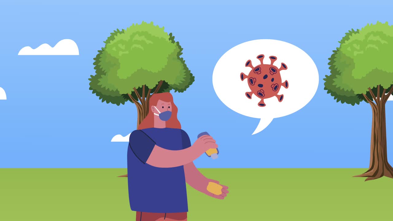 animación de partículas del virus covid-19 con una mujer usando jabón