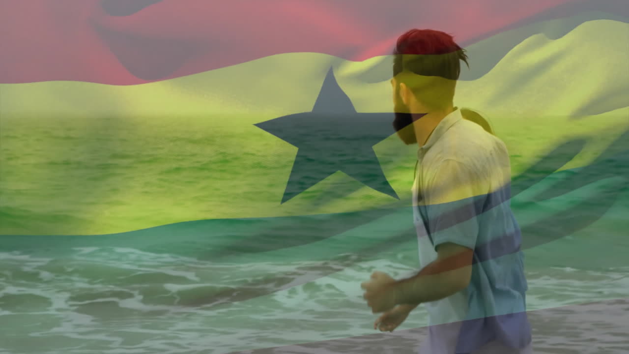 Ghana flag overlaying scene, couple walking on beach holding hands
