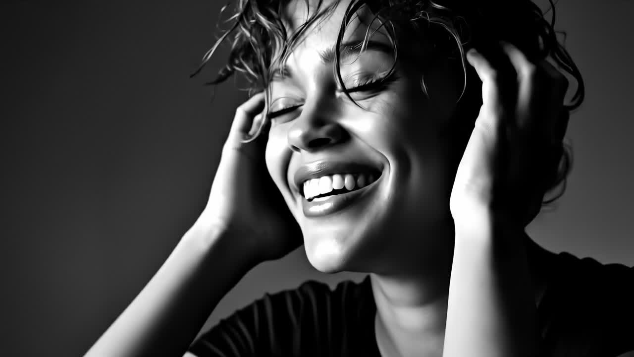 A black and white photo of a woman laughing with her hair blowing in the wind