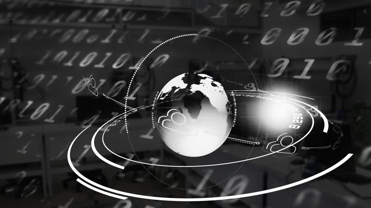 빈 사무실에 대한 바이너리 코딩을 통해 회전하는 지구의 디지털 구성