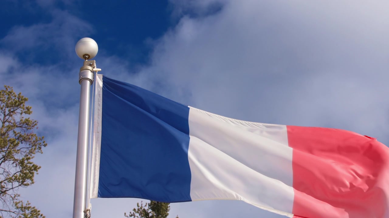 La bandiera della Francia sventolata nel vento contro il cielo blu