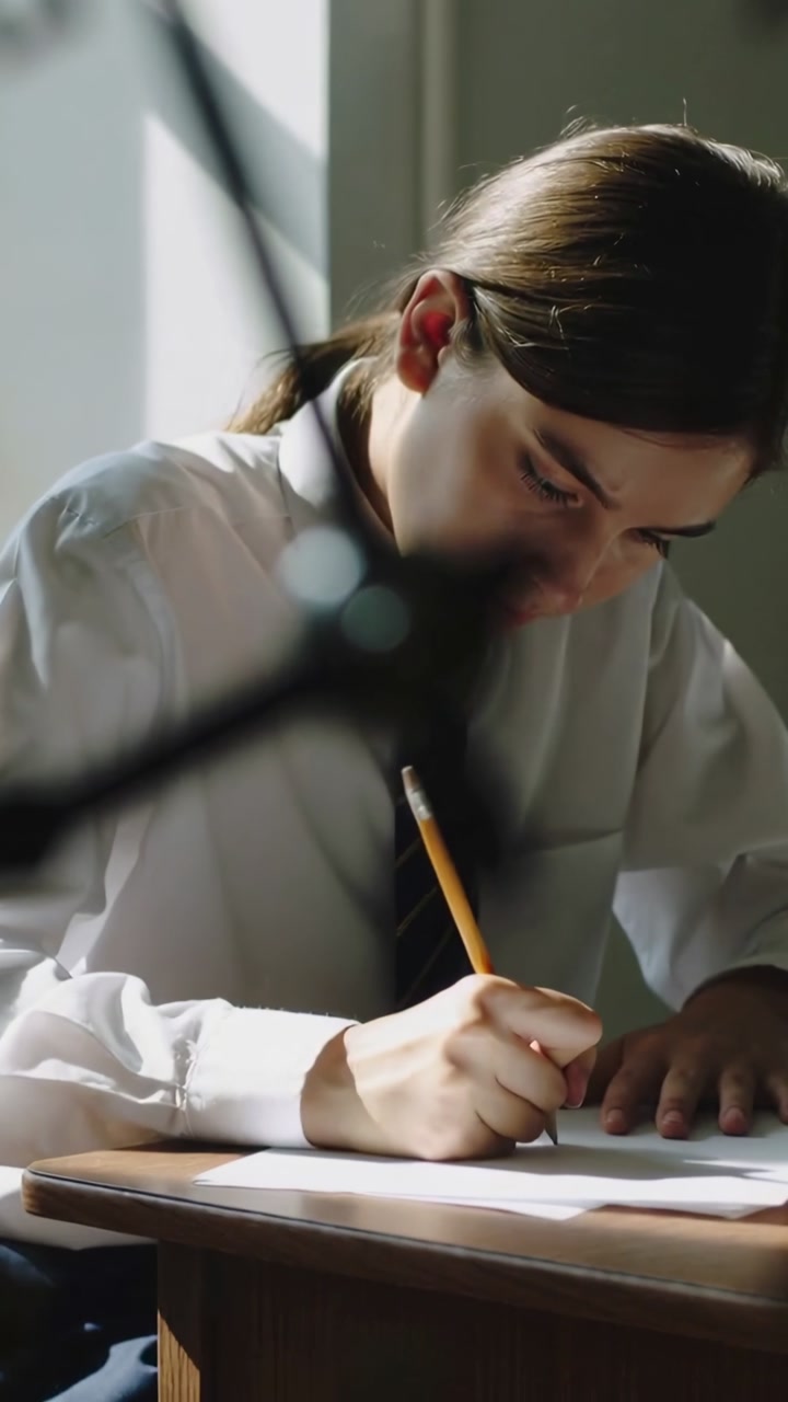 Vertical video: Shifting focus from clock to male student, writing timed test at desk in uniform