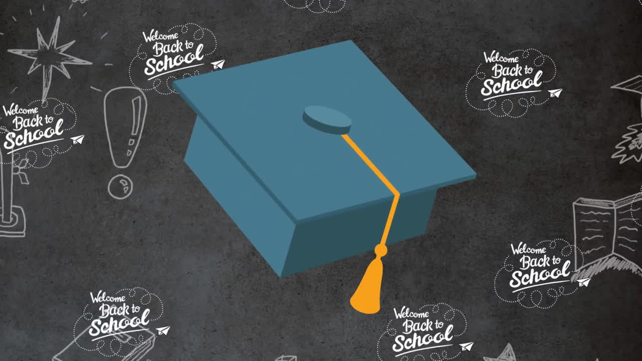 animación de cartón de mortero de graduación sobre el texto de bienvenida a la escuela en la pizarra negra