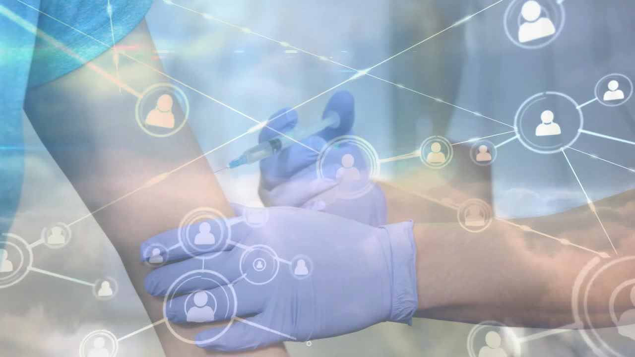 healthcare worker administering vaccine into patient arm, showing animated network icons