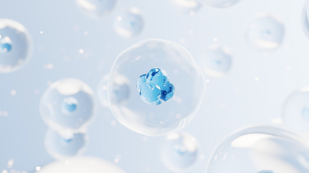 투명한 세포와 생명공학 및 화장품 개념, 3d 렌더링