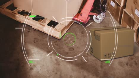 animation of scopes scanning, glitch and data processing over warehouse