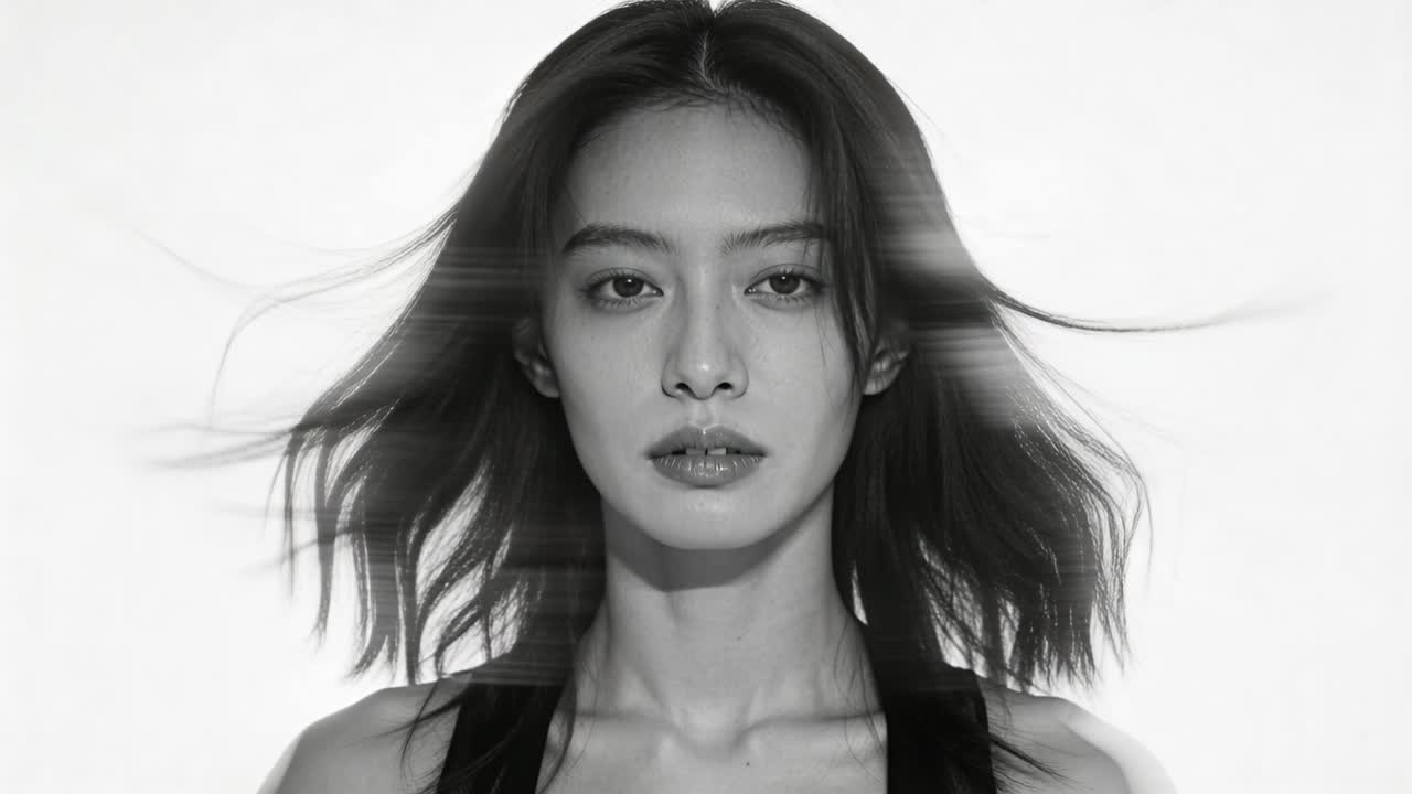 Modelo feminina de frente usando regata escura posando para retrato em estúdio, com ventilador soprando o cabelo, criando efeito fantasma.