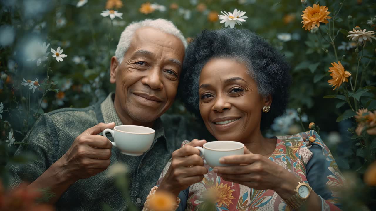 Smiling senior couple in floral dress leaning and raising porcelain cups in garden prompted by lens
