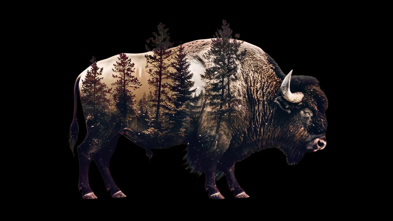 Majestætisk bison-silhuet med dobbelt eksponering af skov og animerede partikler