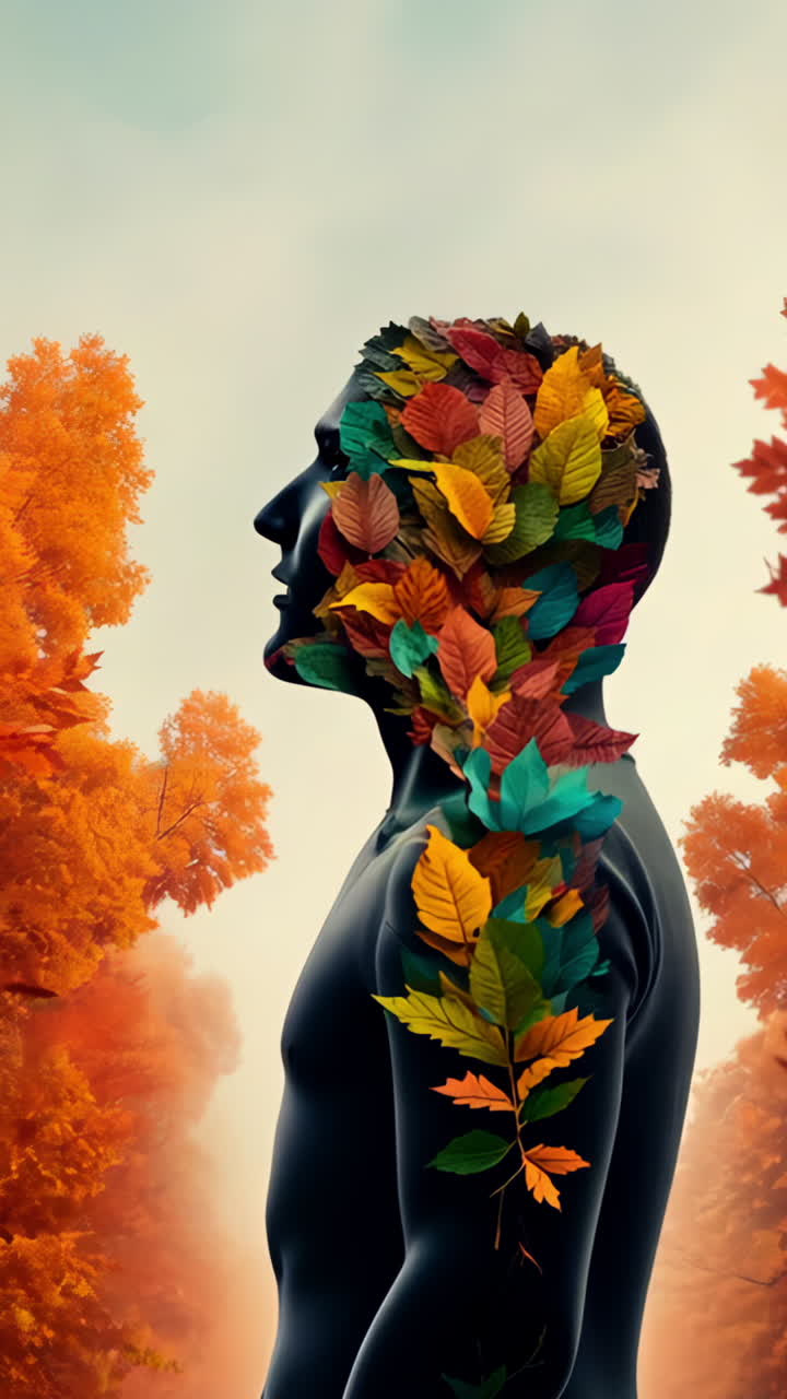 A man's face is covered in leaves, giving the impression of a tree. The leaves are of various colors, including red, orange, and yellow, and they are arranged in a way that creates a sense of depth