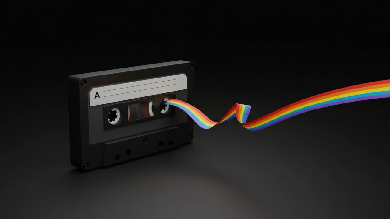 A vibrant representation of a classic audio cassette, showcasing colorful tape flowing out as a symbol of nostalgia and musical creativity in a minimalist setting