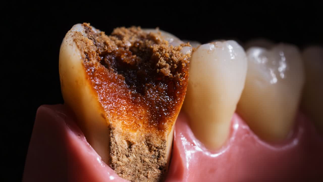 Close-up Examination of a Decayed Tooth with Visible Cavities and Gum Tissue in Dark Background, Highlighting the Importance of Dental Hygiene and Regular Check-ups for Oral Health Maintenance