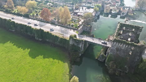 Restored-Bridge-fortress-Of-Ponte-Visconteo-In-Borghetto-of-Valeggio-sul-Mincio,-Verona-Province,-Italy