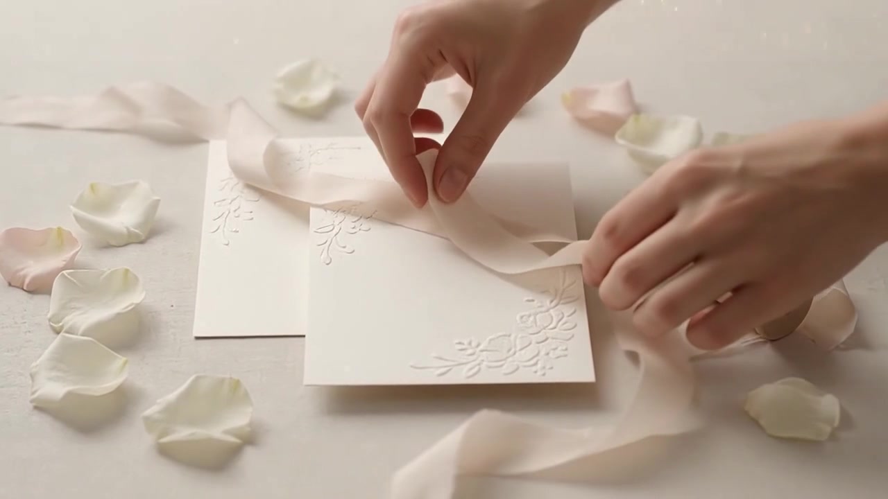 Mani che decorano un elegante invito di nozze con nastro di seta e petali di rosa