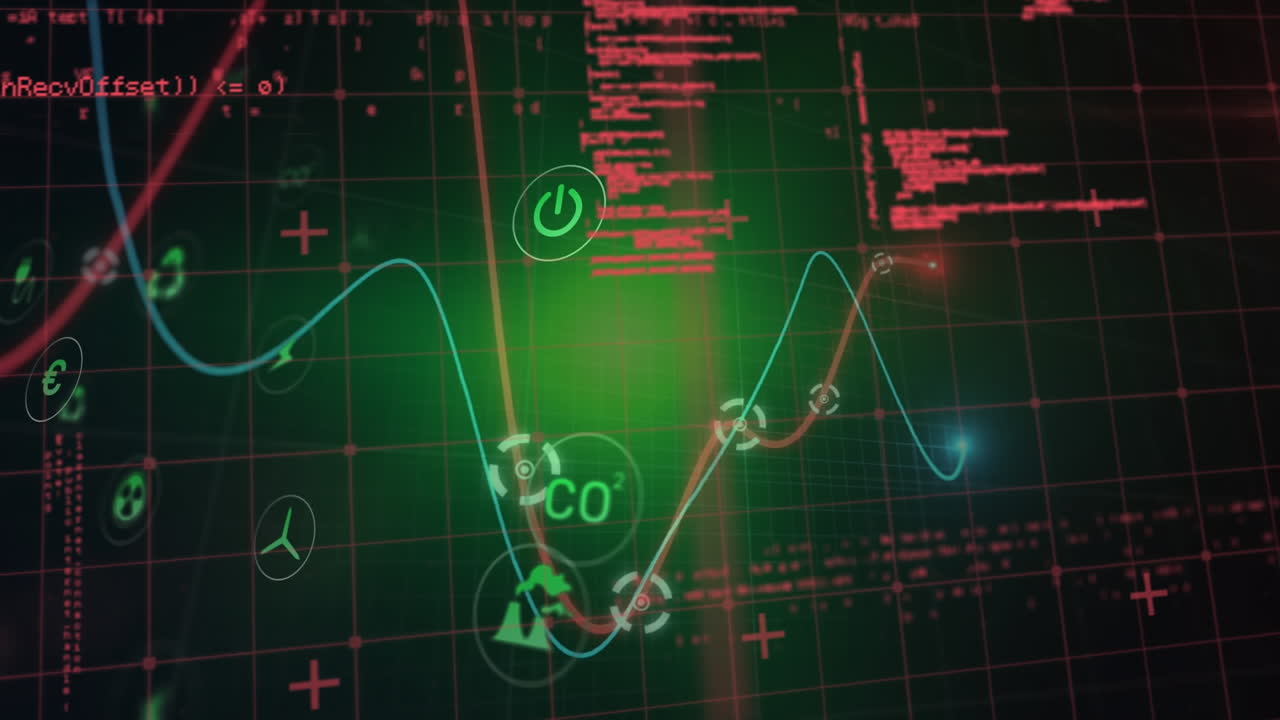 Animation of data processing and ecology icons on black background