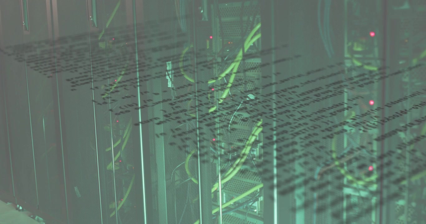 On rack view, camera panning while LEDs blinking, code lines drifting to show network activity