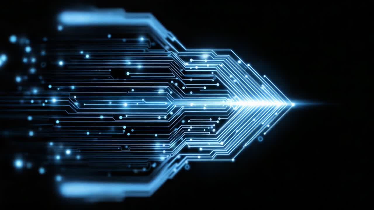 Futuristic Digital Arrow with Glowing Circuitry Lines Representing Technology Advancement and Data Flow in a Dark Background Aesthetic