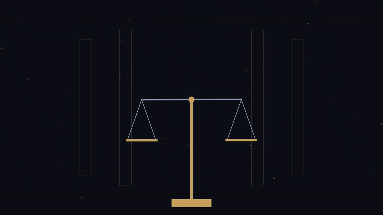 Bilancia della giustizia animata in equilibrio su sfondo scuro