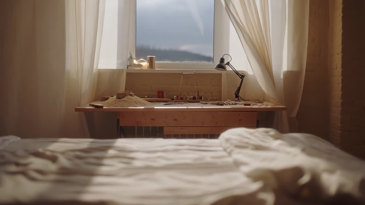 Cozy Bedroom with Unmade Bed and Desk by Window