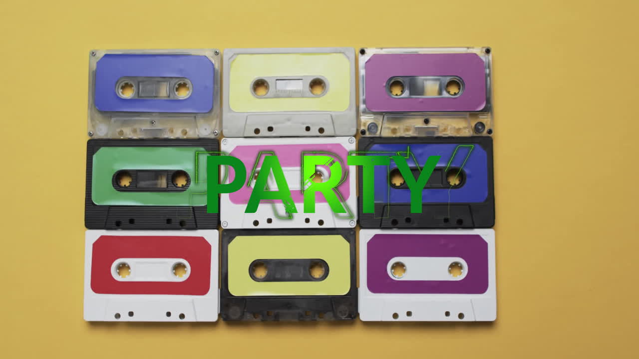 노란색 배경에 테이프 위에 파티 텍스트의 애니메이션