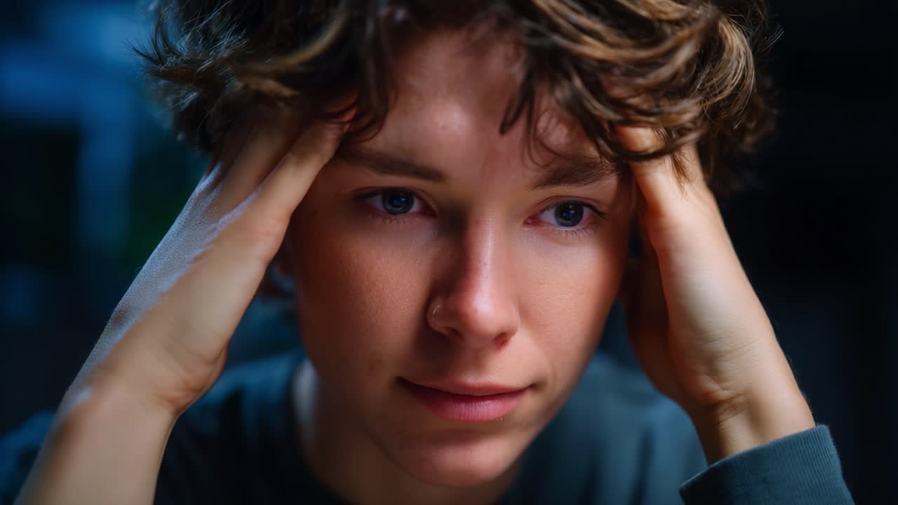 Un giovane immerso nei suoi pensieri, che trasmette un senso di contemplazione ed emozione catturati in un momento di introspezione e riflessione focalizzata