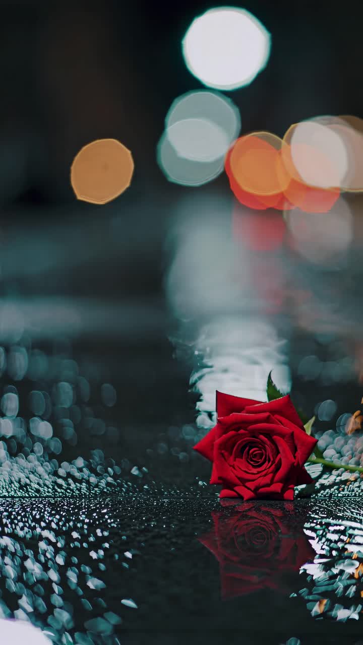Nahaufnahme einer roten Rose im flachen Winkel auf nassem Pflaster mit verschwommenen Lichtern der Stadt im Hintergrund
