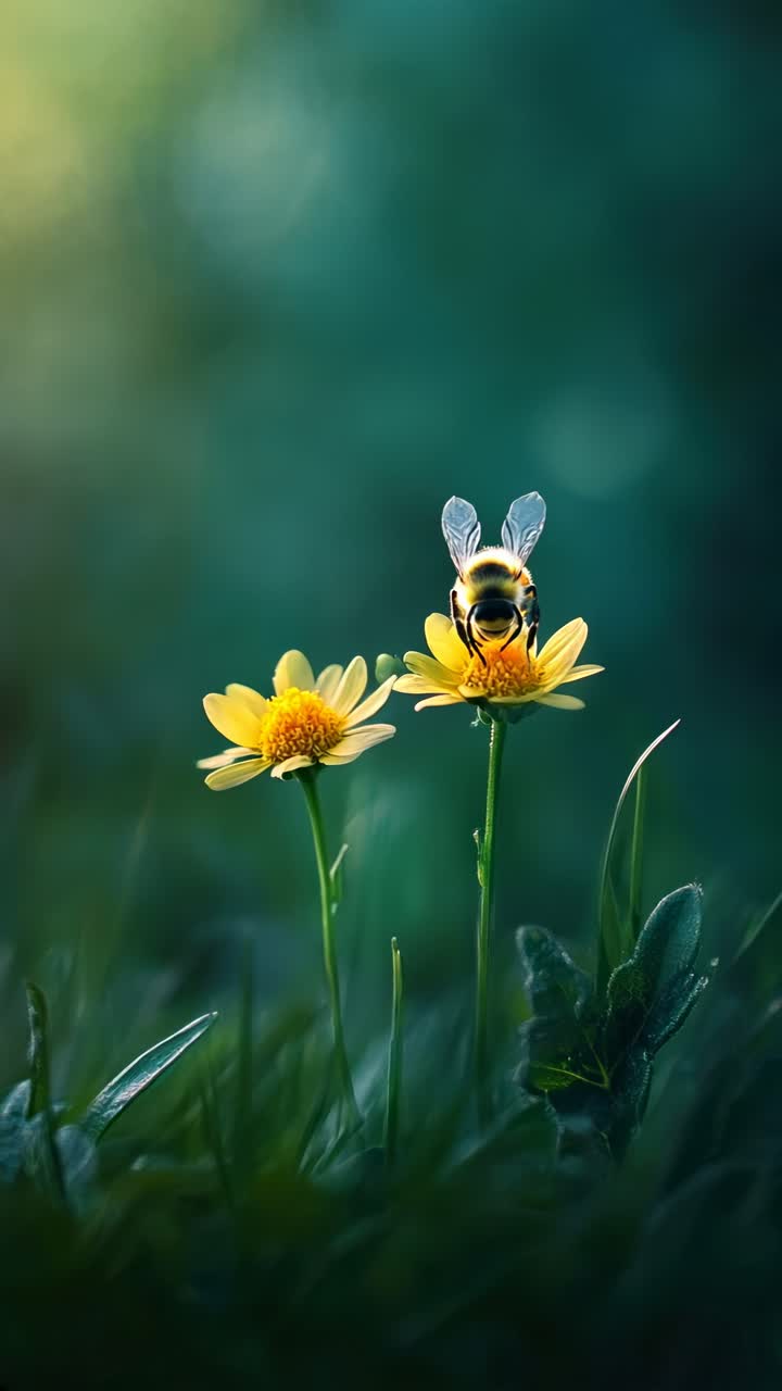 Close-up video concept of a bee on yellow flowers, captured from a low angle with a soft
