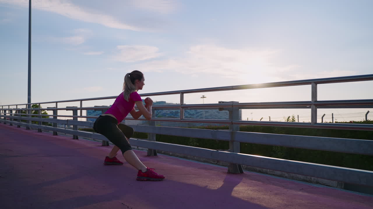 Woman Stretching on a Bridge at Sunrise/Sunset
