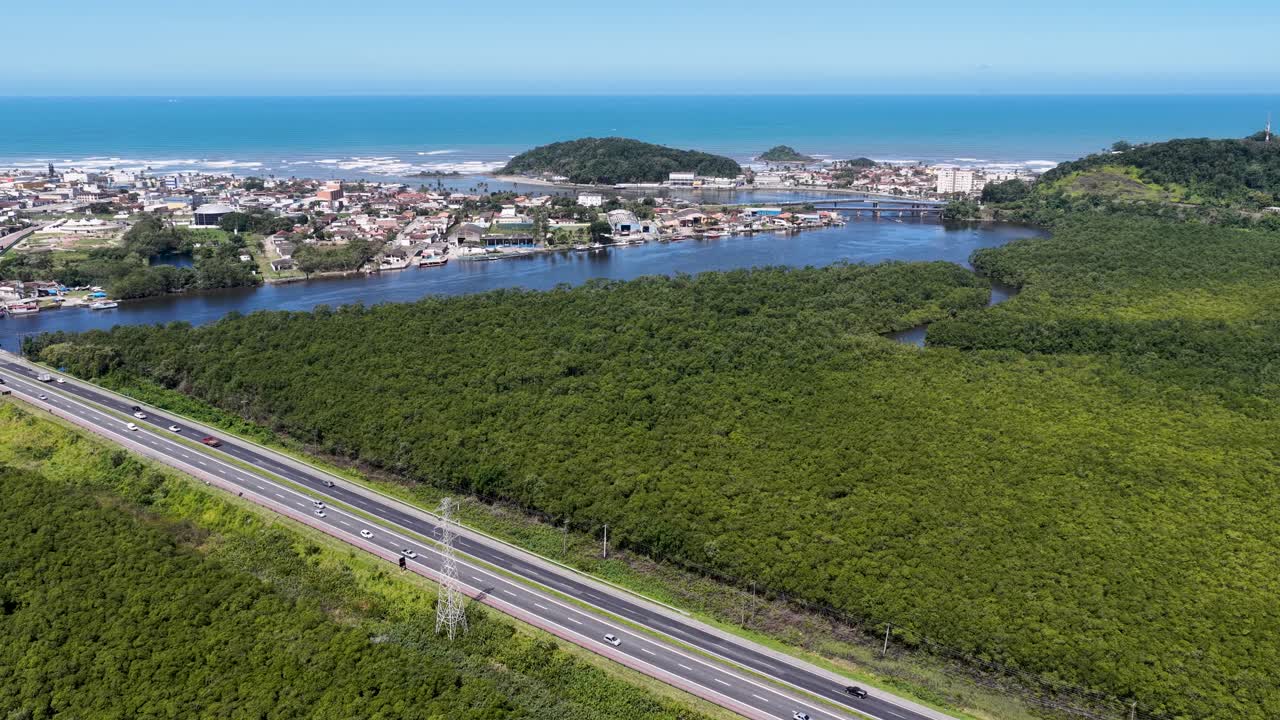 Itanhaem River At Itanhaem In Sao Paulo Brazil. Atlantic Forest Landscape. River Skyline. Tropical Travel. Itanhaem River At Itanhaem In Sao Paulo Brazil. Outdoor Scenery