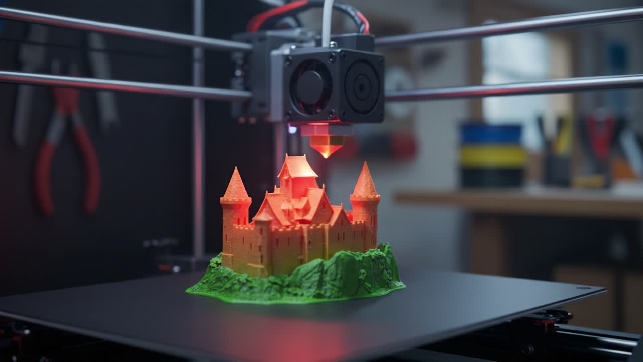 A 3D Printer Creating a Detailed Fantasy Castle Model in Vibrant Colors, Showcasing the Precision and Artistry of Modern Additive Manufacturing Technology