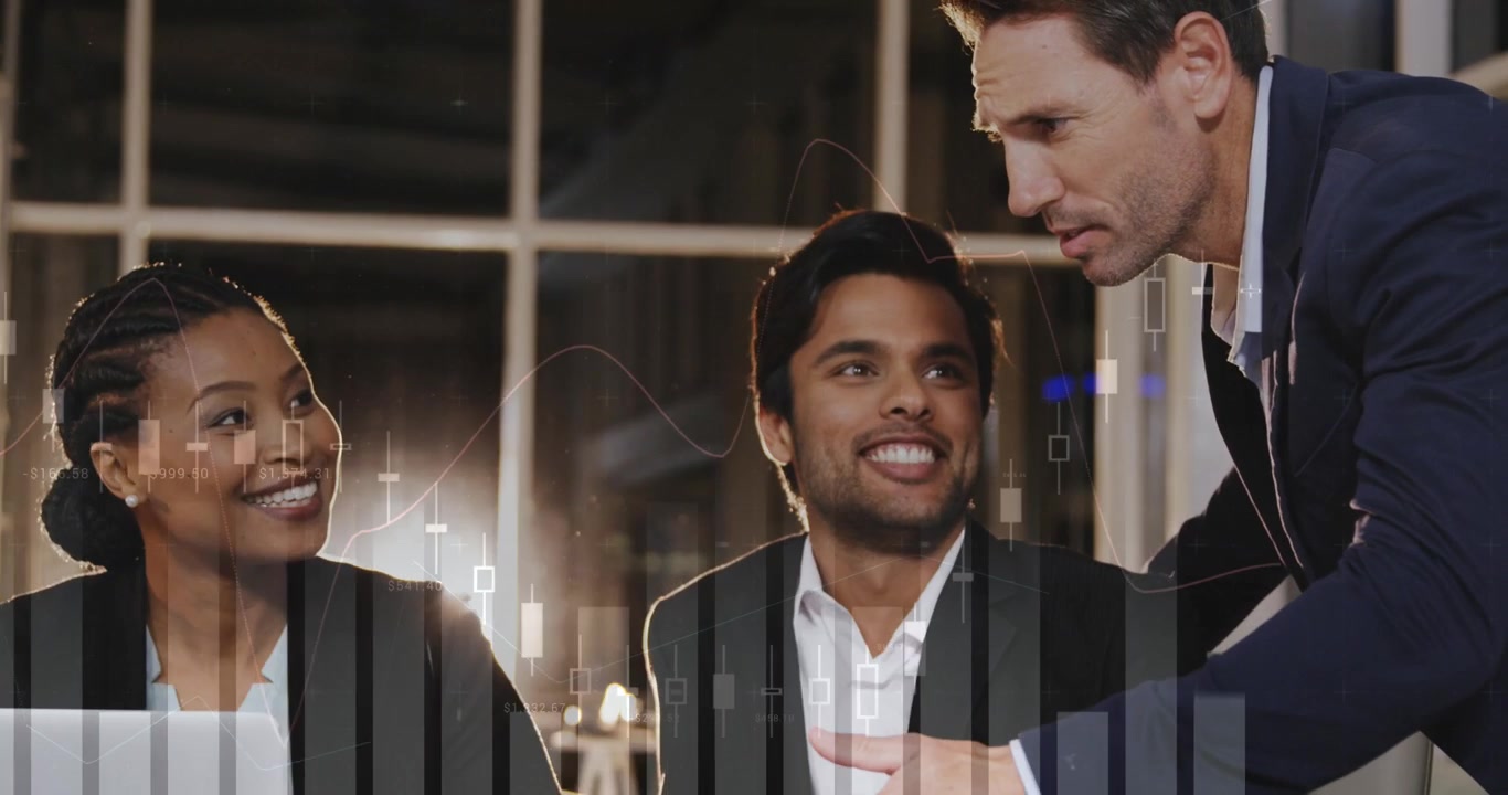 Animation of financial graphs over happy diverse businesspeople talking in office