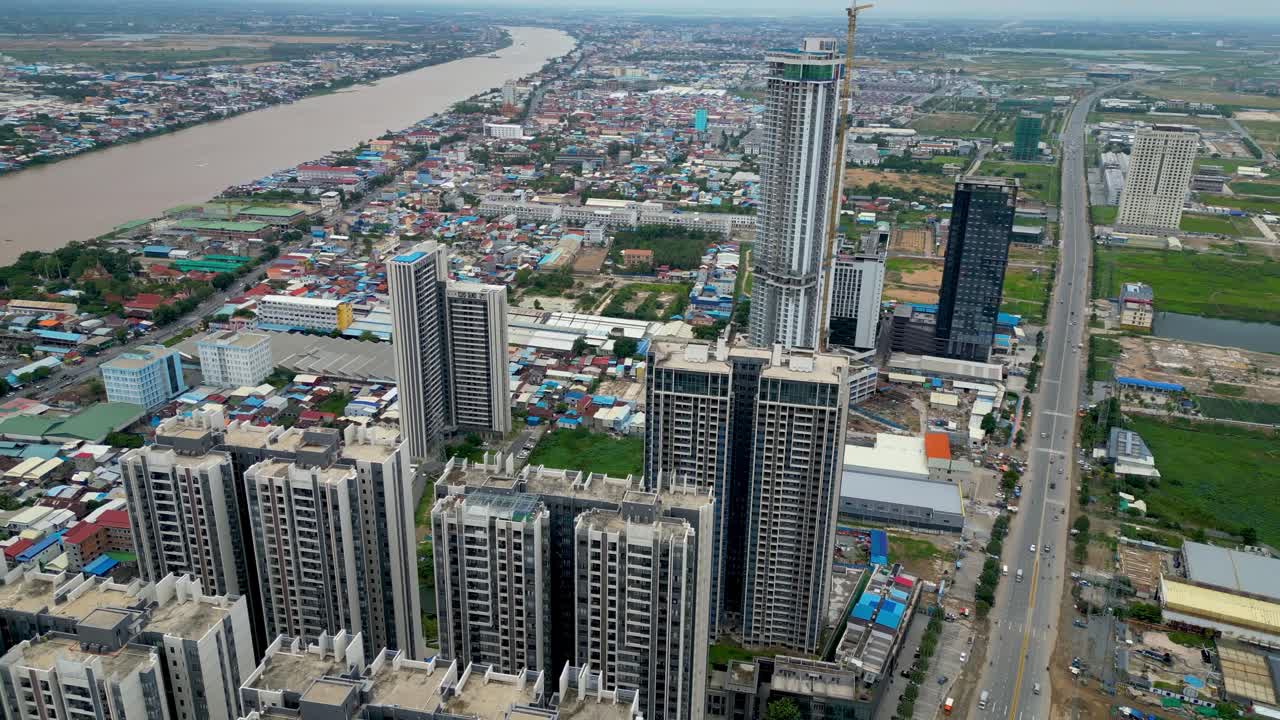 Aerial View of Phnom Penh Cityscape with Skyscrapers Under Construction