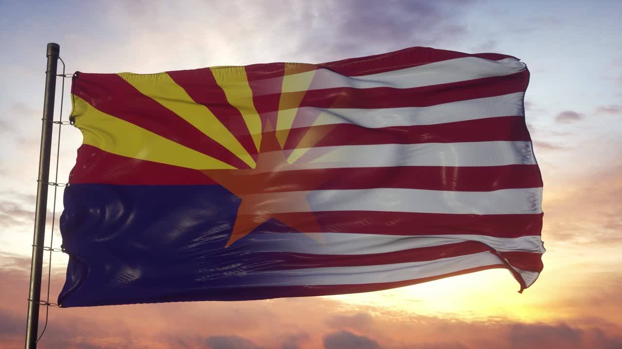 Bandiera dell'Arizona e USA sul pennone. Bandiera mista USA e Arizona che fluttua nel vento