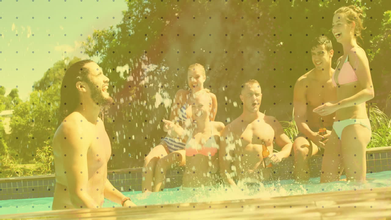 Poolside, friends splashing water, laughing and relaxing under sunlight animation