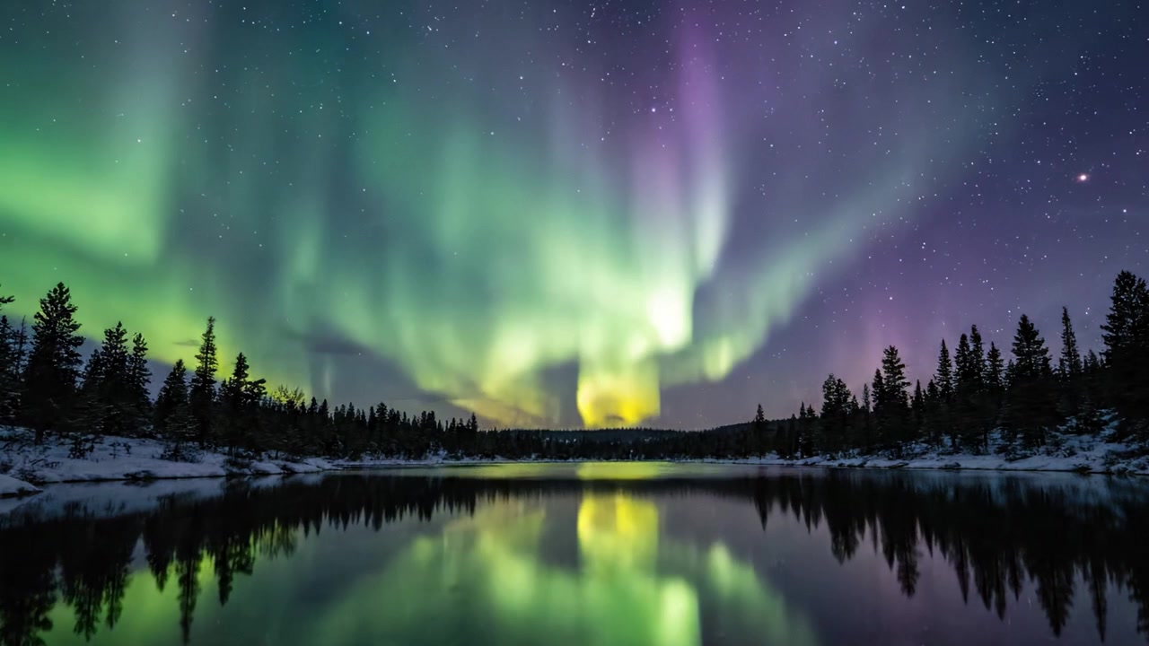 Uno spettacolo mozzafiato di aurora boreale che si riflette su un lago tranquillo circondato da pini sotto un cielo notturno stellato, catturando la bellezza dell'Aurora Boreale.