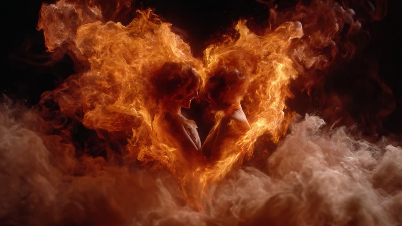An ethereal representation of love ignited by flames, showcasing two figures interwoven in a passionate embrace surrounded by billowing smoke and fiery hearts