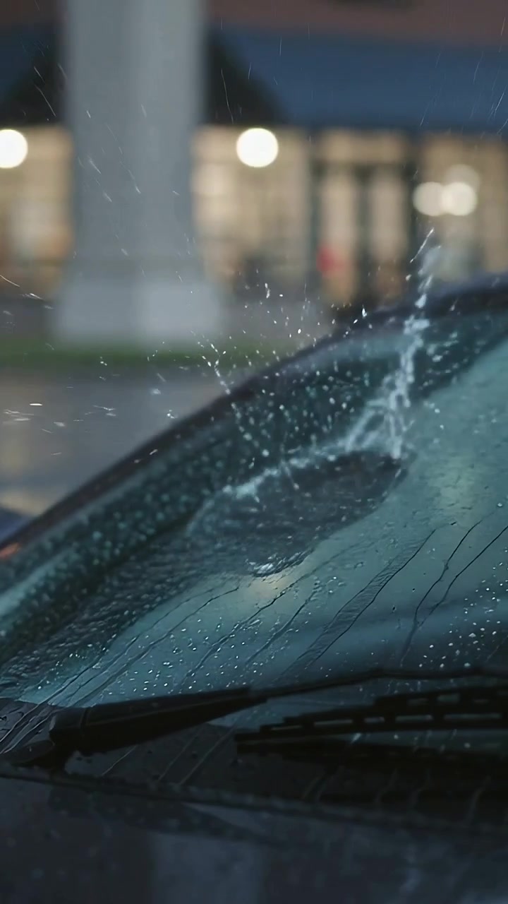 Vertical video: Showing car windshield rippling after sudden impact, wipers clearing view at shops