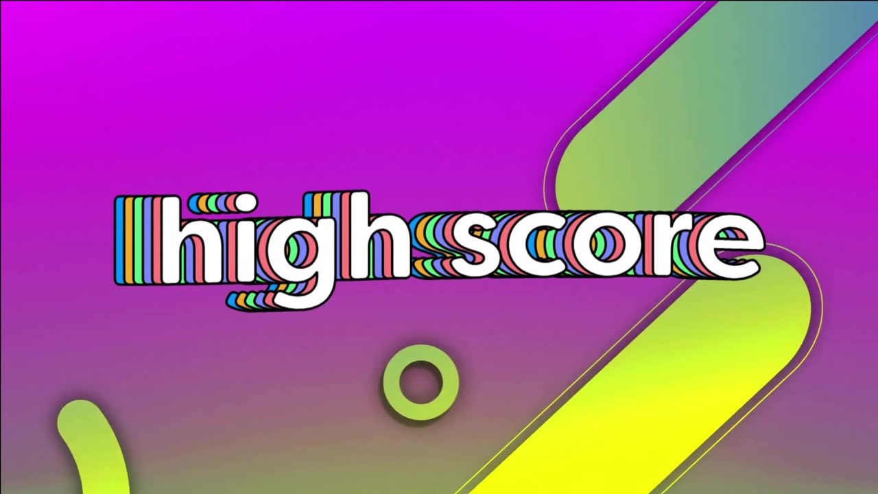 High score text animation over colorful geometric shapes on gradient background