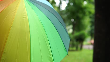 Portrait-of-a-young-attractive-brunette-woman-spinning-her-colorful-umbrella-in-a-rainy-day-in-the-city-park-and-looking-in-the