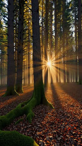 sunlight streams through tall forest trees, casting long shadows on mossy ground